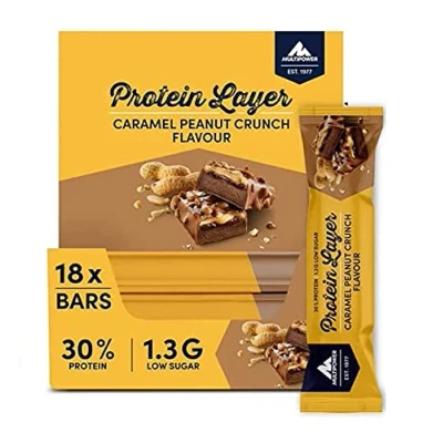 Obrázek Multipower Protein Layer Bar energetická tyčinka s 30 % proteinů fitness 18 x 50 g proteinová jako sportovní svačina příchutí karamelového peanut crunch