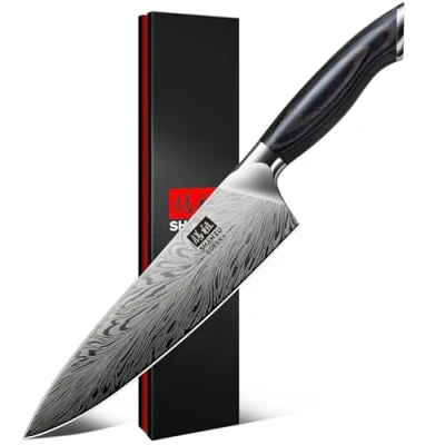 Obrázek SHAN ZU Šéfkuchařský nůž z práškové oceli, japonský kuchyňský nůž, 20 cm profesionální šéfkuchaře s vysokým obsahem uhlíku, ultra ostrý univerzální ergonomickou full tang rukojetí dřeva