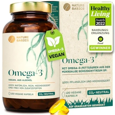 Obrázek Veganský Omega 3 z řas 120 kapslí s vysokou dávkou po dobu 4 měsíců jedna kapsle denně na podporu normálního mozku, očí a srdeční funkce laboratorně testováno čistotu
