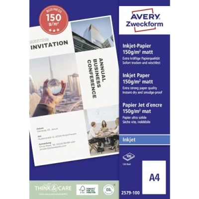 Obrázek Avery Zweckform Zboží 2579 100 Business Inkjet papír (100 listů, 150 g/m², DIN A4, matný do tiskárny, jednostranně povrstvený, okamžitě suchý &amp; odolný proti rozmazání, letákový pro