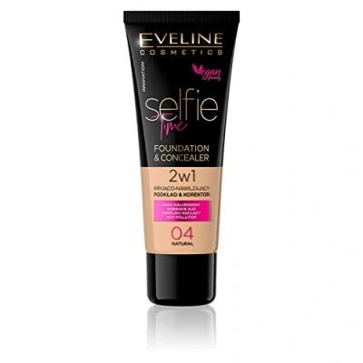 Obrázek Eveline Cosmetics Selfie Time Hydrating Concealer &amp; Foundation No 04 Natural budující krycí síla, kyselina hyaluronová, vitamin E, modré řasy 30 ml