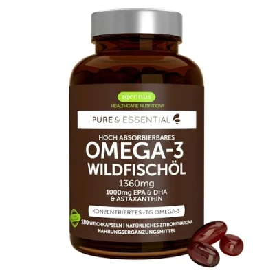 Obrázek Ultra pures Omega 3 Fischöl Konzentrat mit Astaxanthin, 1000mg EPA DHA Fettsäuren, höchst absorbierendes Wildfischöl in Triglycerid Form, 180 Kapseln, von Igennus