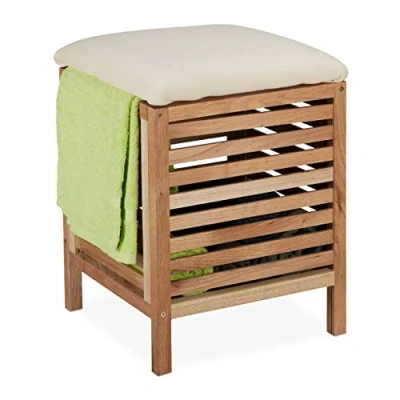 Obrázek Relaxdays koš na prádlo se sedákem, ořechové dřevo, látka, 35 l prádlo, V x H: 51 39 cm, koupelnová stolička s úložným prostorem, přírodní