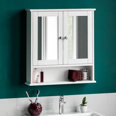 Obrázek Bath Vida Koupelnová zrcadlová skříňka, 2 dveře, nástěnná montáž, úložná jednotka s odkládací přihrádkou, dřevo, bílá
