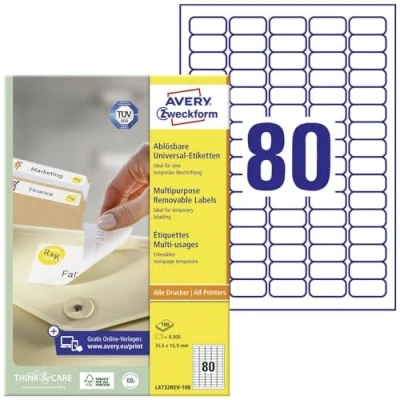 Obrázek AVERY Zweckform L4732REV 100 univerzální etikety (8 000 lepicích etiket, 35,6 x 16,9 mm na A4, opět beze zbytku odstranitelné/odstranitelné, individuálně potisknutelné, samolepicí nálepky) listů,