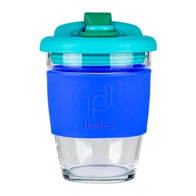 Obrázek DrinkPod Opakovaně použitelný bez BPA, 340 ml, 12 oz pohárek na kávu / cestovní hrnek ze skla OCEAN, modrá