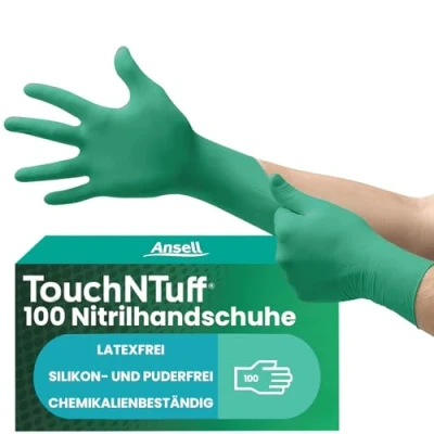 Obrázek Ansell TouchNTuff 92 600 Nitrilové jednorázové rukavice bez pudru, profesionální ochranné pro chemii a mechaniku, potravinářské rukavice, latexu, zelené, velikost L (100 rukavic)