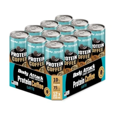 Obrázek Body Attack Protein Coffee Latte, 12 x 250 ml (vč. zástavy) proteinová ledová káva osvěžující s nízkým obsahem tuku 25 g bílkovin, 75 mg kofeinu ze 100% kávových zrn