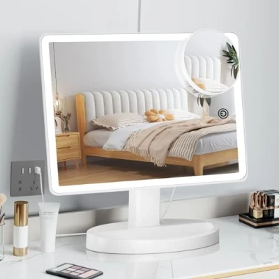 Obrázek FUNTOUCH Großer Beleuchteter Schminkspiegel mit Licht (XL Modell) 3 Farben Spiegel 88 LEDs, 360 Drehbarer Touchscreen, 10 Fache Vergrößerung, Tragbarer Tisch Kosmetikspiegel