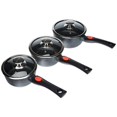 Obrázek Kamberg 0008039 Set aus 3 Stieltöpfen Mit 16/18/20 cm Abnehmbarer Griff Aluminiumguss Beschichtung in Steinoptik Glasdeckeln Für alle Herdarten, auch Induktion PFOA‑frei