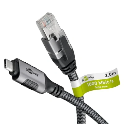Obrázek Goobay 2m LAN na USB kabel 1 Gbit přenos dat C 3.1 RJ45 Ethernet CAT 6 spojuje router a smartphone adaptér pro laptop Macbook 70698