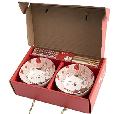 Obrázek Lachineuse 2er Set Maneki Neko Schalen Müslischalen, Reisschüsseln, Suppenschalen Japanisches Geschirr aus Porzellan Geschenckset mit Essstäbchen Katze Glücksbringer Japan China Kawai Deko