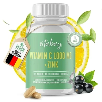 Obrázek Vitabay vitamín C zinek tablety 200 Veganské 1000 mg vitamin vysoké dávky zinku ve vysokých dávkách vitamínu C+ zinkové kapsle