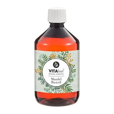 Obrázek VitaFeel mandlový základní olej, 1 balení (1 x 500 ml) veganský, bez genetické techniky, ideální pro péči o pokožku a vlasy, aromaterapii &amp; jako olej masážní oleje nebo přírodní