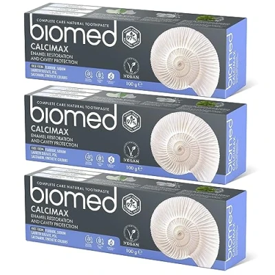 Obrázek BIOMED Calcimax zubní pasta 3 x 100 g, posiluje a obnovuje sklovinu, chrání před kazem, jemně čistí, zklidňuje dásně citlivost, neobsahuje fluorid, SLS, PEG, sacharin