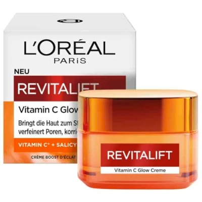 Obrázek L&#039;Oréal Paris Denní krém s vitaminem C, péče o obličej pro zářivě hladkou pokožku, kyselinou salicylovou a pigmenty odrážejícími světlo, Revitalift Vitamin C Brightening Cream, 1 x 50 ml