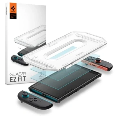 Obrázek Spigen Sklo. tR EZ Fit ochranná fólie kompatibilní s Nintendo Switch 2, 2 kusy, šablona pro instalaci, křišťálově čirá, odolná proti poškrábání, tvrdostí 9H