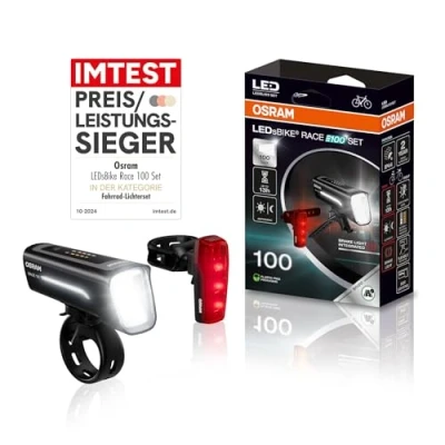 Obrázek OSRAM LEDsBIKE Race 100 sada, dobíjecí sada světel na jízdní kolo, předních a zadních LED schválená podle StVZO, s brzdovým světlem, více režimů osvětlení, tři stupně jasu, luxů