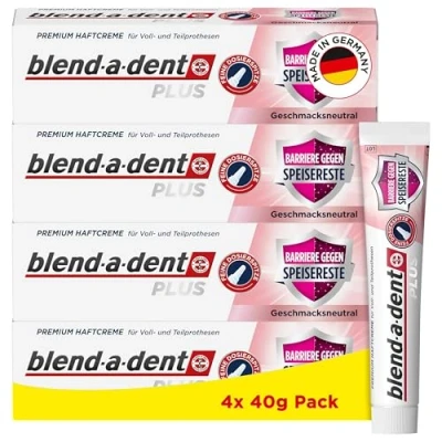 Obrázek Blend a dent Plus Bariéra proti zbytkům jídla, prémiový adhezní krém, pro plné částečné protézy, chuťově neutrální, Made in Germany, balení 4 x 40 g