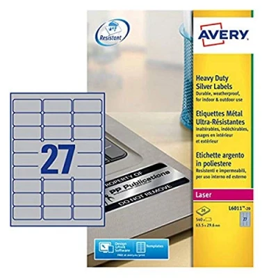 Obrázek Avery L6011 20 robustní. páska pro (27 kusů na Folio, 63,5 X 29,6 mm) 540 v Stříbrná