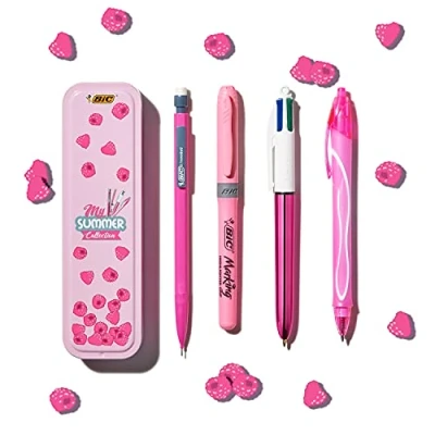 Obrázek BIC Stifte Set in Metallbox: 1 Kugelschreiber, Textmarker, Tintenroller und Druckbleistift, My Summer Collection Pink