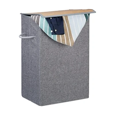 Obrázek Relaxdays, šedý koš na prádlo suchý zip, látka, 2 držadla, přenosný, 60 l objem, hranatý prádlo, V x Š 40 30 cm, polyester, vliesová tkanina, bambus, standard