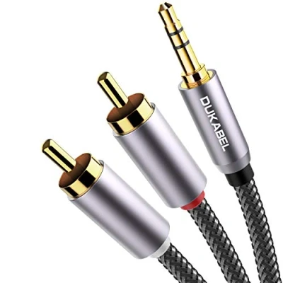 Obrázek DuKabel Kabel Cinch na jack 3,5 mm ke 2 stereo RCA konektorům HiFi Audio Aux s nylonovým pláštěm, kovovým pláštěm a kontakty pozlacenými 24K Top Series 5 m