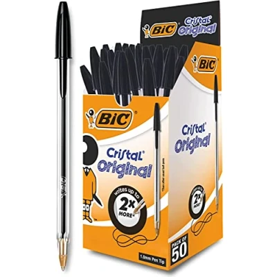 Obrázek BIC Kuličkové pero Cristal Original, v černé barvě, tloušťka linky 0,4 mm, balení po 50, ideální do kanceláře, domácí kanceláře nebo školy