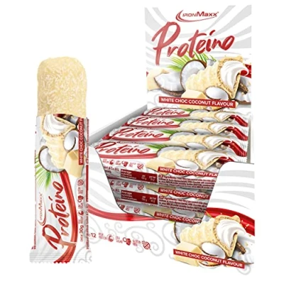Obrázek IronMaxx Proteino Proteinová tyčinka White Choc Coconut 12 x 30 g High na bázi vafle s krémovou náplní proteinový redukcí cukru bez lepku a palmového oleje