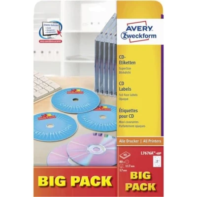 Obrázek AVERY Zweckform L7676A 40P samolepicí CD etikety (80 neprůhledných nálepek na CD, Ø 117 mm A4, SuperSize, papír matný, potiskovatelné lepicí pro všechny tiskárny A4) 40 listů, bílé