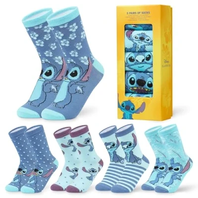 Obrázek Disney Dámské ponožky do lýtek, barevné teplé s motivem 5 ks Stitch Medvídek Pú Baby Yoda, dárek pro přítelkyni, Modrá