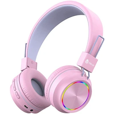 Obrázek iClever Bluetooth dětská sluchátka, barevná světla LED, omezení hlasitosti 94 dB, skládací, nastavitelná, bezdrátová a kabel, vestavěný mikrofon pro PC, tablet, Kindle