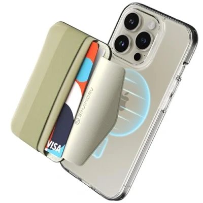 Obrázek Sinjimoru Magnetický držák na mobilní telefon pro MagSafe s elastickým držákem prstů, pouzdro měkkým páskem kompatibilní Wallet iPhone 16, 15, 14, 13 a 12 řad.