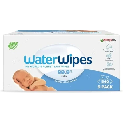 Obrázek WaterWipes Originální čisticí ubrousky bez plastů pro miminka, 540 kusů (9 balení), 99,9 % hadříků na bázi vody, neparfémované citlivou pokožku