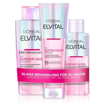 Obrázek L&#039;Oréal Paris Elvital Glycolic Gloss Bundle se šamponem, mácháním, 5minutová laminace vlasů pro lesklé vlasy, rutina zdravé vlasy a silný lesk, sada s kyselinou glykolovou, 3dílná