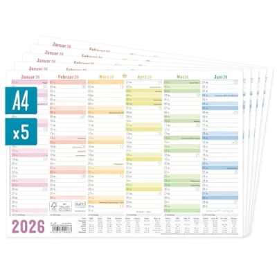 Obrázek Häfft® 5 x tabulový kalendář 2026 A4 na šířku &quot;Rainbow&quot; roční plánovač, nástěnný kalendář, vč. malého přehledu následujícího roku, svátky a přehled prázdnin udržitelný šetrný k