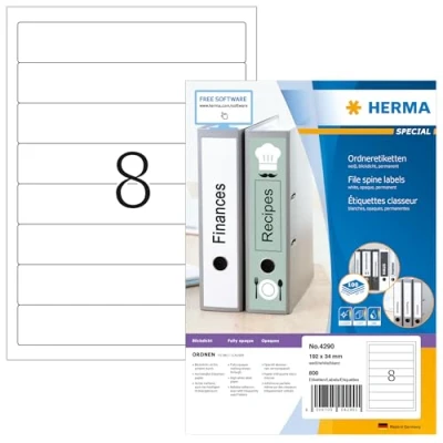 Obrázek HERMA 4290 hřbety pořadačů etikety krátké, úzké, 100 listů, 192 x 34 mm, 8 na arch A4, 800 kusů, samolepicí, potiskovatelné, neprůhledné, prázdné papírové štítky pořadače samolepicí nálepky, bílé