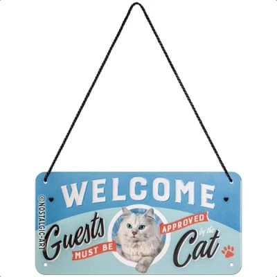 Obrázek Nostalgic Art Retro závěsná cedule, 10 x 20 cm, Welcome Guests Cat nápad na dárek pro majitele koček, z kovu, vintage design s textem