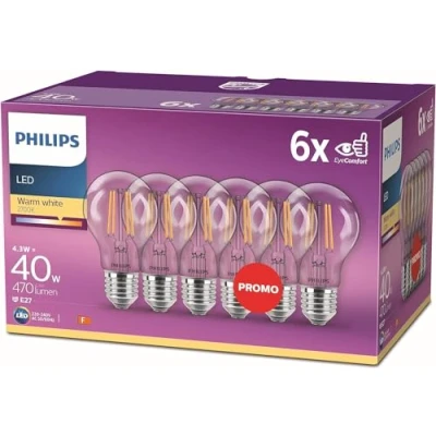 Obrázek Philips LED Classic E27 Filament Lampen 6 er Pack (40 W), mit warmweißem Licht, energiesparende Beleuchtung langer Nutzlebensdauer