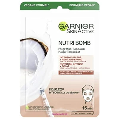 Obrázek Garnier Textilní maska, obličejová maska pro suchou a unavenou pleť, intenzivní péče revitalizace, veganská receptura s kokosovým mlékem kyselinou hyaluronovou, Nutri Bomb, 28 g