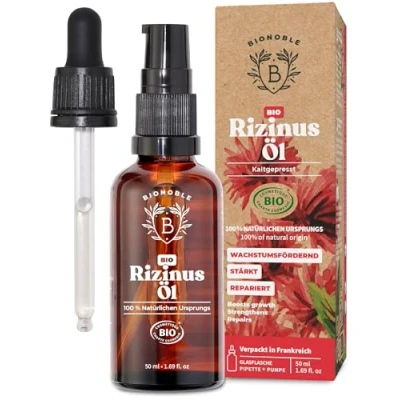 Obrázek Bionoble Ricinový olej bio 50 ml 100 % čistý, přírodní, lisovaný za studena řasy, obočí, vlasy, vousy, nehty Vegan a Cruelty Free Castor Oil skleněná láhev + pipeta pumpička