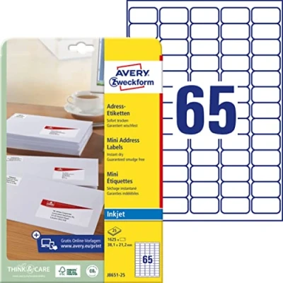 Obrázek AVERY Zweckform J8651 25 adresní štítky/nálepky na adresu (1,625 etikety, 38,1 x 21,2 mm A4, potiskovatelné, samolepicí, pro štítky odesílatelů, papír matný, inkoustové tiskárny) listů, bílá