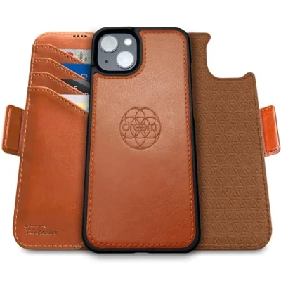 Obrázek Dreem Fibonacci kompatibilní s iPhone 15 pouzdro na peněženky / 2 v 1 nárazuvzdorné a odnímatelné fólie z veganské kůže, MagSafe, RFID ochrana [karamel]
