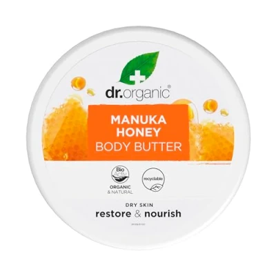 Obrázek Tělové máslo Dr Organic Manuka s medem, hydratační, suchá kůže, pro muže, ženy, přírodní, vegetariánské, netestované na zvířatech, bez parabenů a SLS, bio, 200 ml