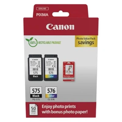Obrázek Canon Originální inkoust PG 575 / CL 576 (2 inkoustové kazety; černá + barva) Photo Value Pack (vč. fotopapíru GP 501 50 listů 10 x 15 cm)