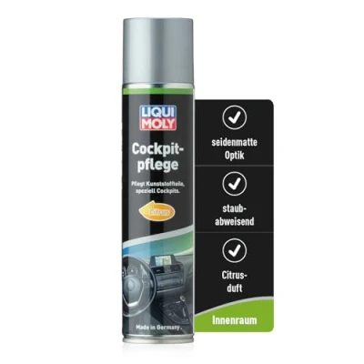 Obrázek LIQUI MOLY Sprej pro ošetření kokpitu Citrus, č. výr. 1599 I 300 ml péče o interiér auta &amp; čištění plastových dílů regenerační, osvěžující a antistatický hedvábný matný autopanel