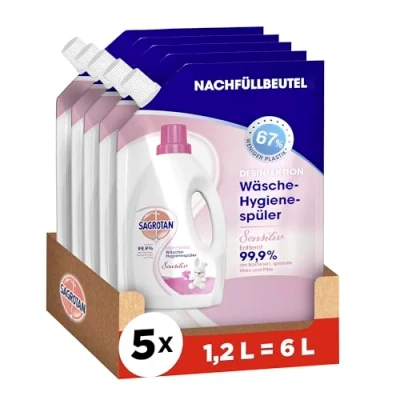 Obrázek Sagrotan Hygienický kondicionér na prádlo Citlivý náplň dezinfekční prostředek pro hygienicky čisté a čerstvé 5 x 1,2 l čistič v praktickém výhodném balení