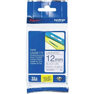 Obrázek Brother Originální laminovaná páska TZe MQF31 12 mm, (mimo jiné pro P touch H100LB/R, H200, H105, E100/VP, D200/BW/VP, D210/VP, Cube) TZEMQF31 černo fialová