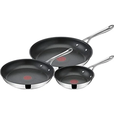 Obrázek Třídílná sada pánví Jamie Oliver by Tefal E304S3 Cook&#039;s Direct On 20, 24, 28 cm vhodné pro indukci do myčky nádobí technologie Thermo Signal ušlechtilá ocel