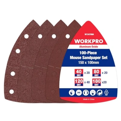 Obrázek WORKPRO 100 kusů brusného papíru trojúhelníková bruska, suché brusné listy Delta 105 x 152 mm sada pro multifunkční brusky, trojúhelníkové zrnitost 40,80,120,180 k broušení leštění dřeva